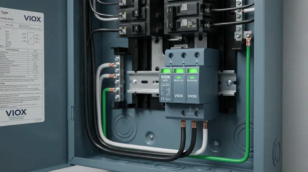 W panelu elektrycznym widać ogranicznik przepięć VIOX SPD. Zielony przew&oacute;d uziemiający pokazuje, jak działa ogranicznik przepięć, chroniąc instalację.