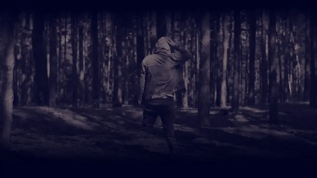 Mroczny las, postać w kapturze w dżinsowej kurtce, jakby zagubiona. Scena przypomina moment z filmu, wywołując uczucie konfuzji.