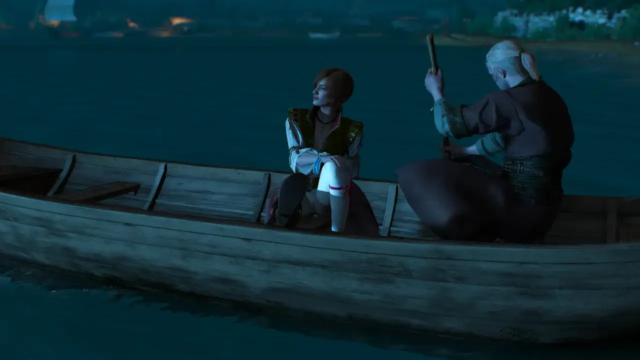 Geralt i Ciri w łodzi, nocą. Czy to sen w wielkim mieście Wiedźmin 3?