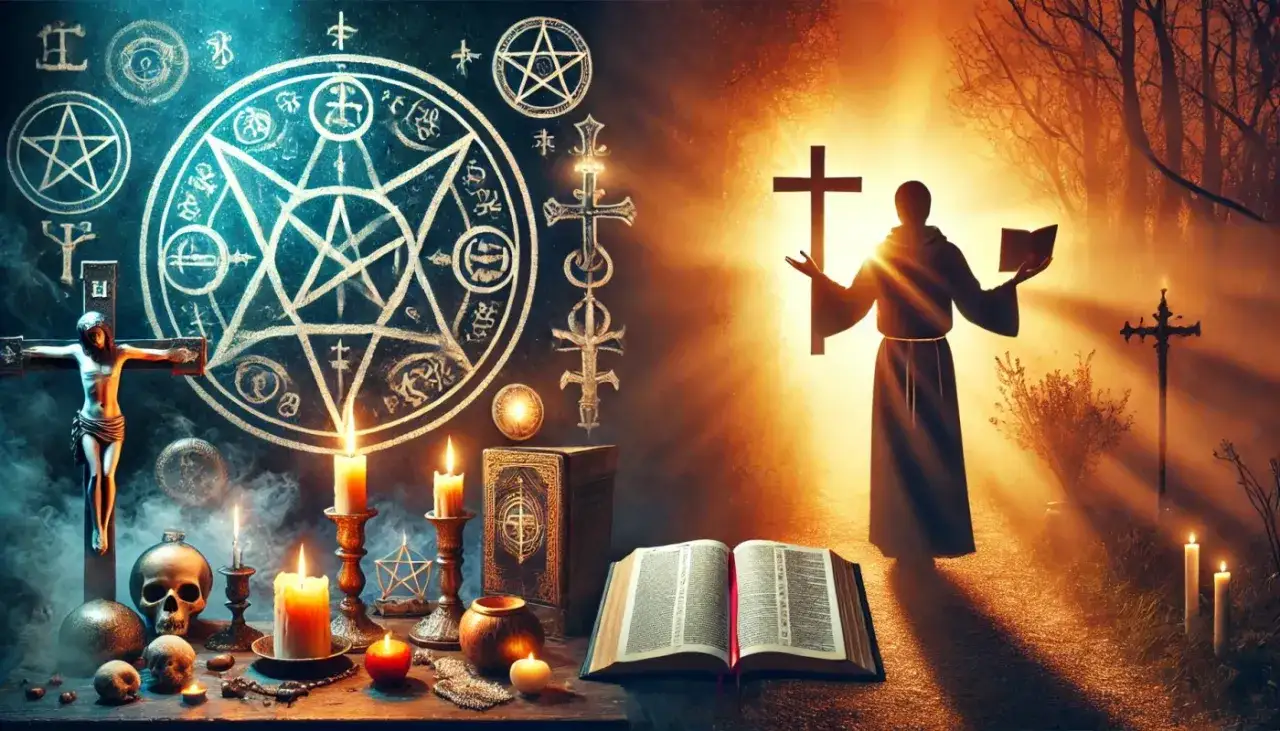 Symbolika okultystyczna i religijna, czaszka, świece i księgi. Po prawej mnich w świetle, symbolizujący walkę z opętaniem.