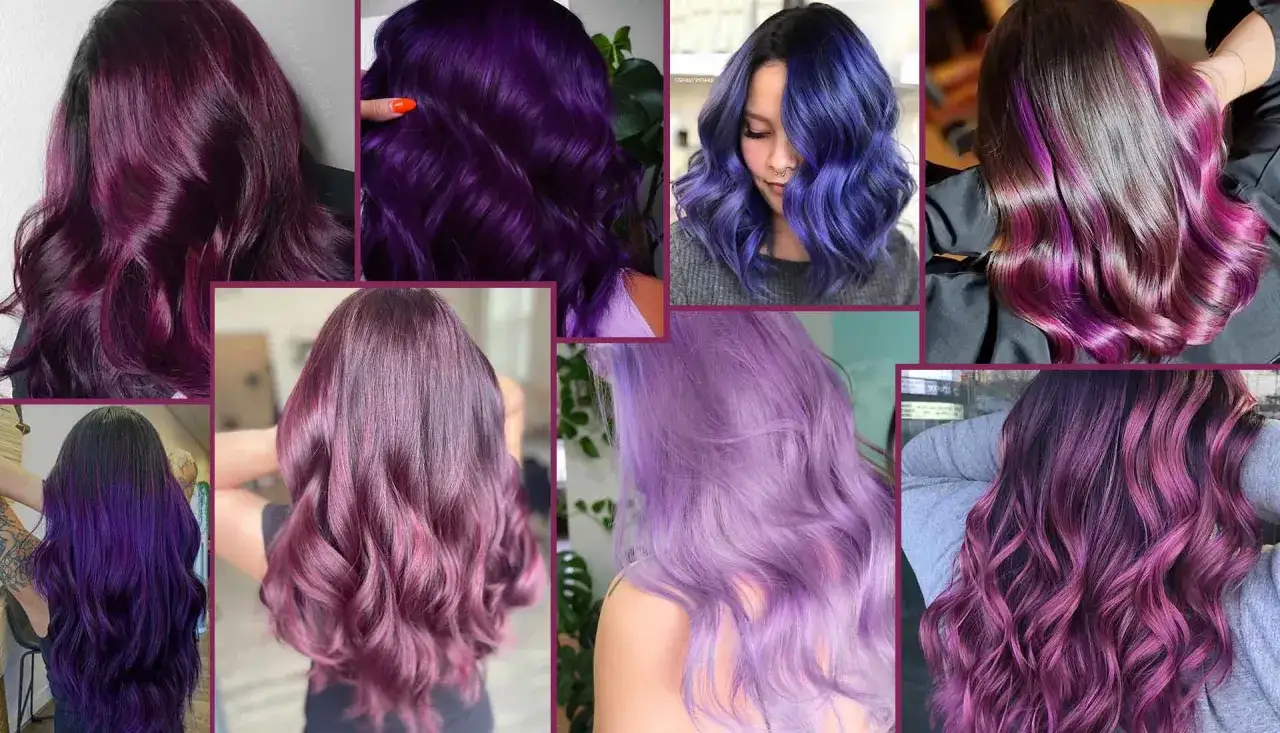 Capelli viola prugna scuro, sfumature di lavanda e blu elettrico. Diverse acconciature con tinte audaci e luminose.