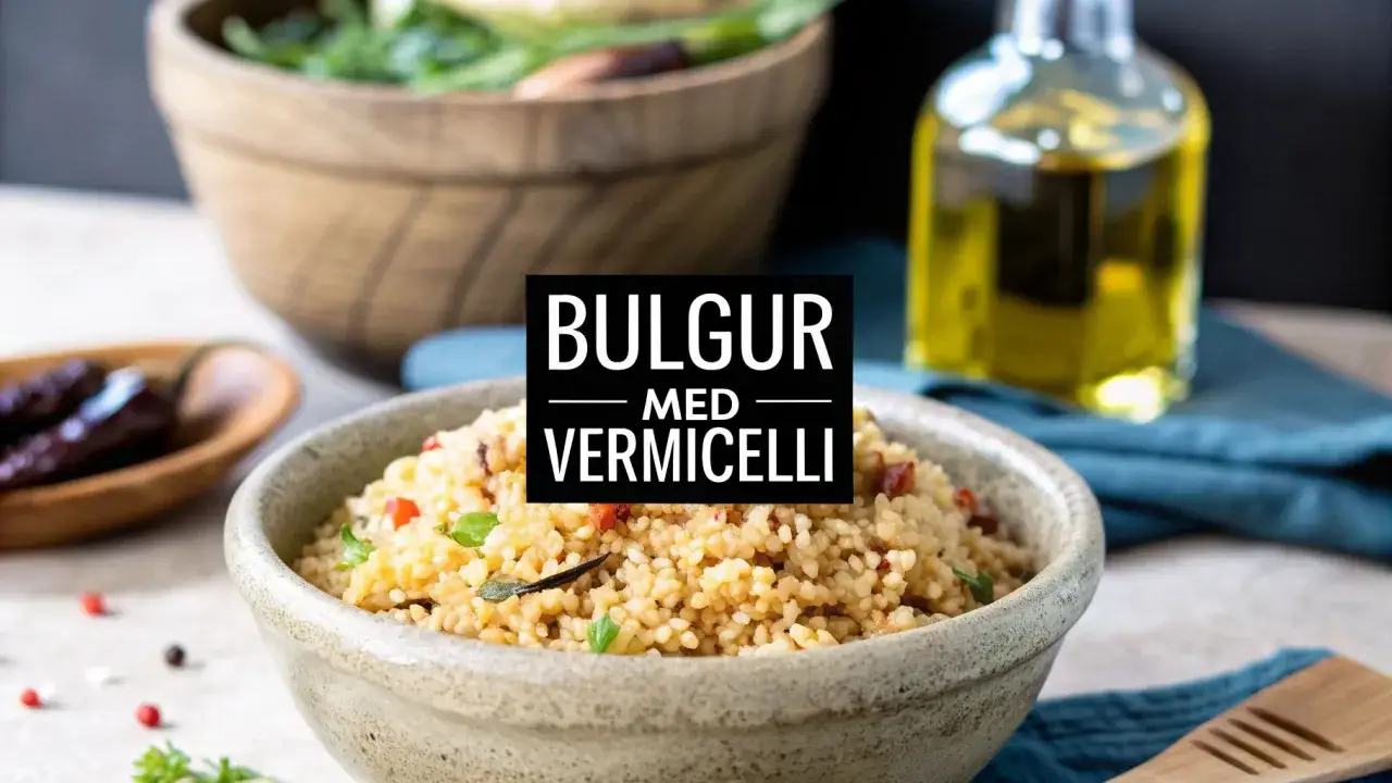 En sk&aring;l med bulgur med vermicelli, redo att koka. Bredvid syns en flaska olivolja och torkade chilifrukter.
