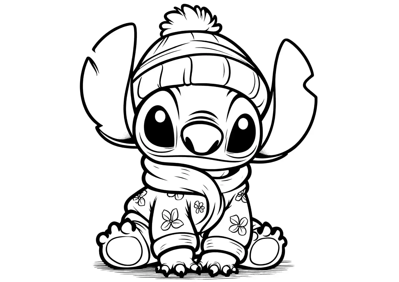 Dibujos para colorear de Stitch abrigado con gorro y bufanda, listo para pintar.