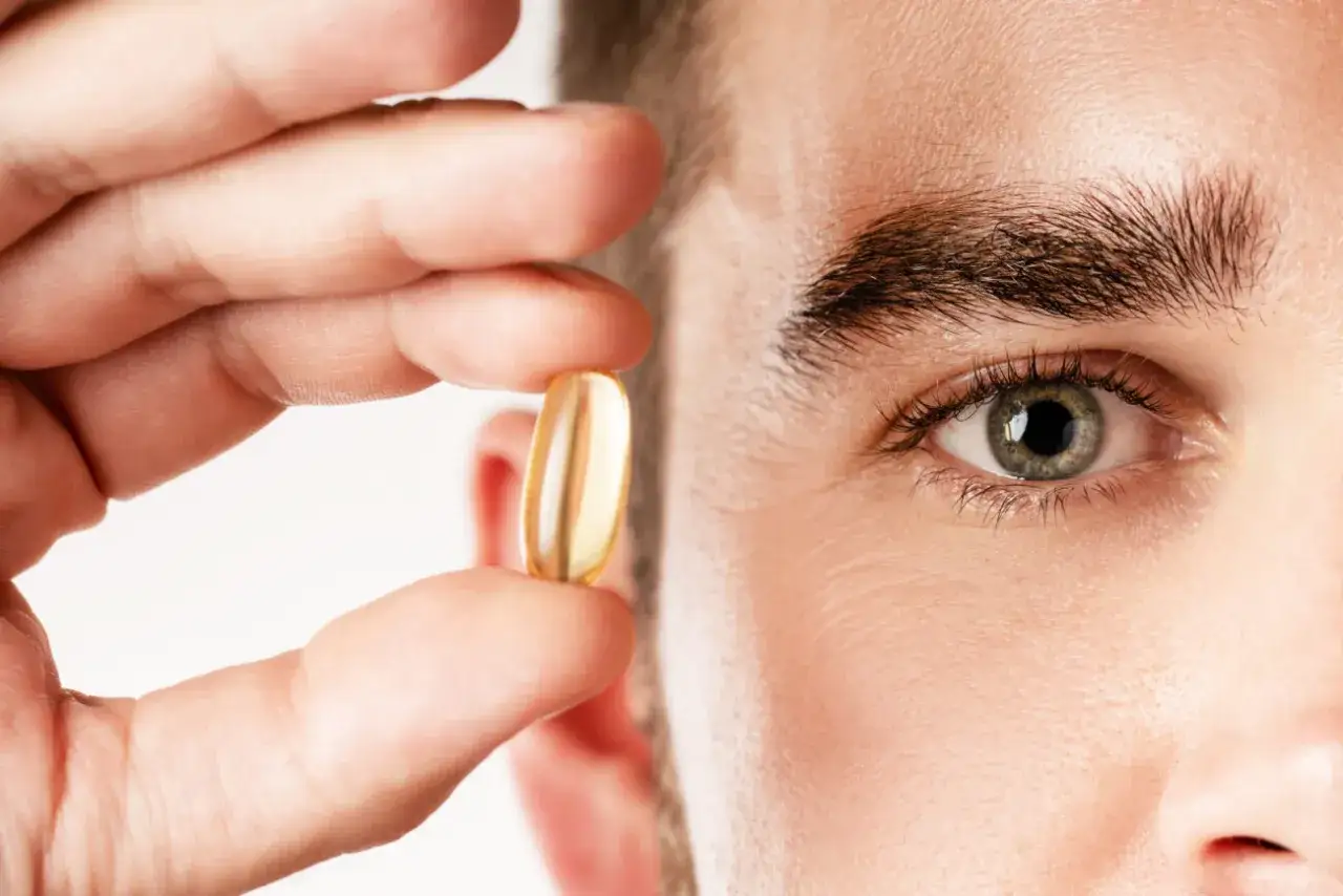 Un hombre sostiene una c&aacute;psula de aceite de pescado, destacando los omega 3 beneficios para hombres.