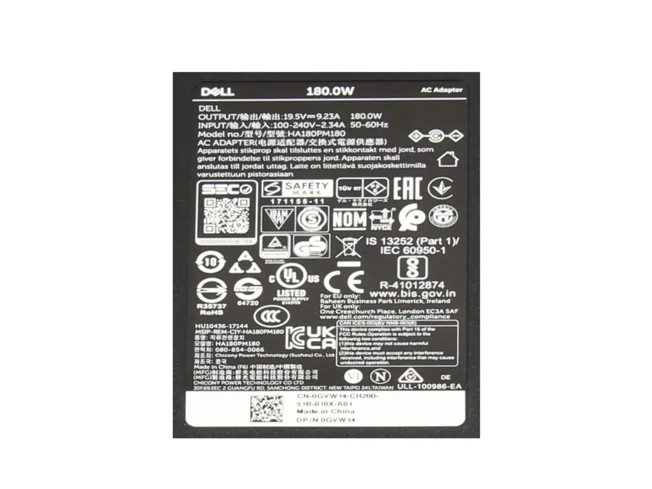 Adaptador de corriente Dell de 180.0W con m&uacute;ltiples certificaciones de seguridad y cumplimiento.