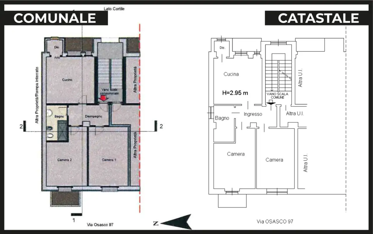 Confronto planimetrie: comunale e catastale. La planimetria comunale mostra dettagli di un'abitazione, mentre quella catastale è uno schema più semplice. Potrebbe esserci una discrepanza, indicando potenziali case abusive.