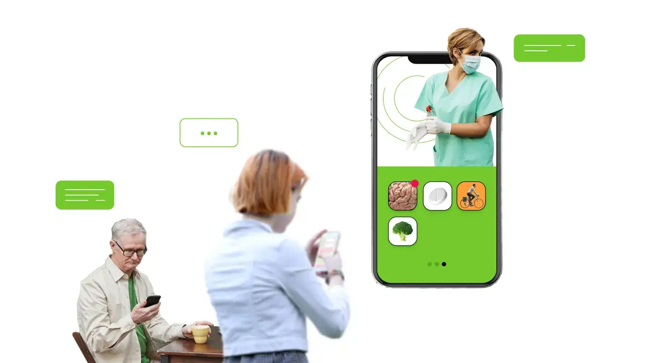 Äldre man och kvinna använder sina mobiler. En sjuksköterska syns i en mobilskärm, vilket illustrerar digital vård med ikoner för hälsa och välmående.