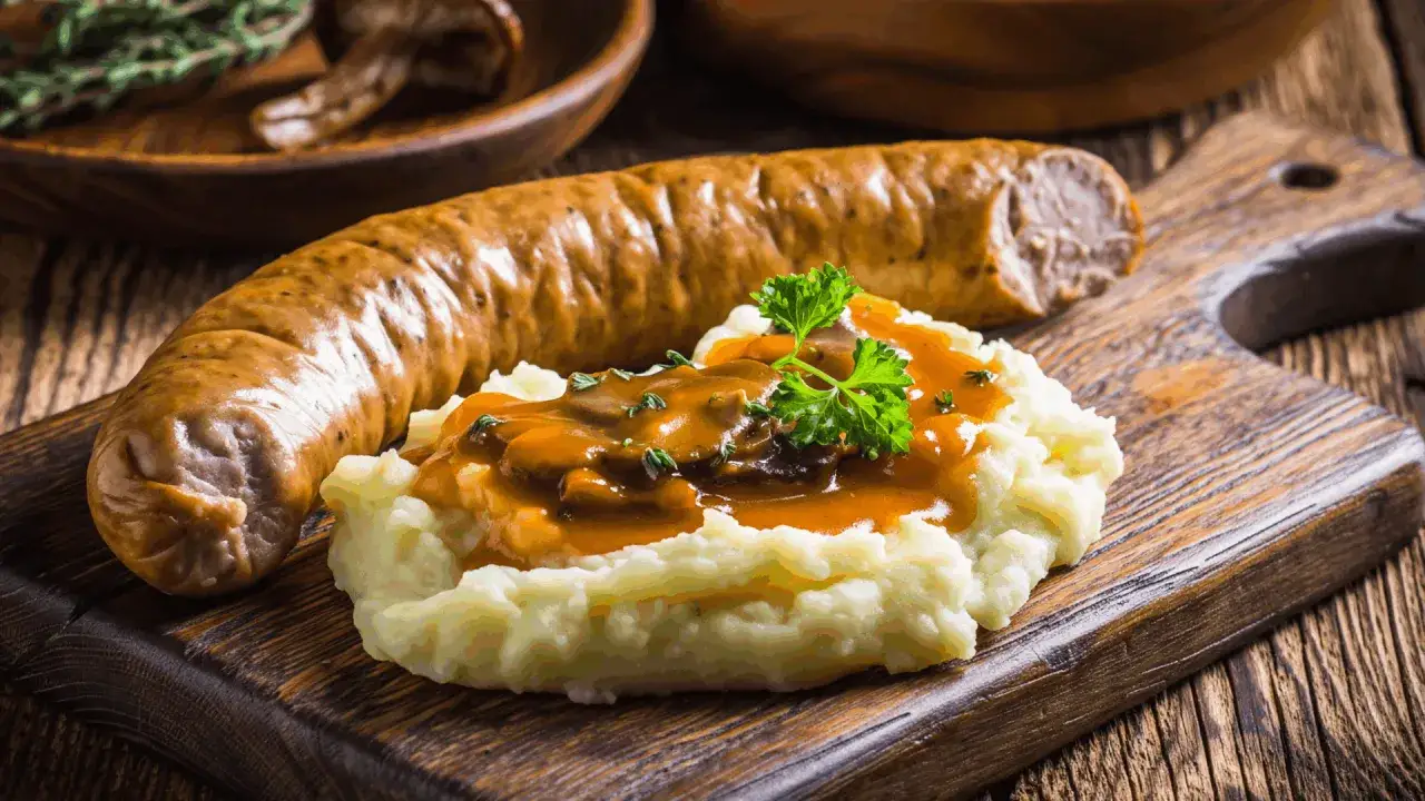 Purée de pommes de terre onctueuse nappée de sauce brune et garnie de persil, à côté d'une saucisse. Une recette purée saucisse réconfortante.