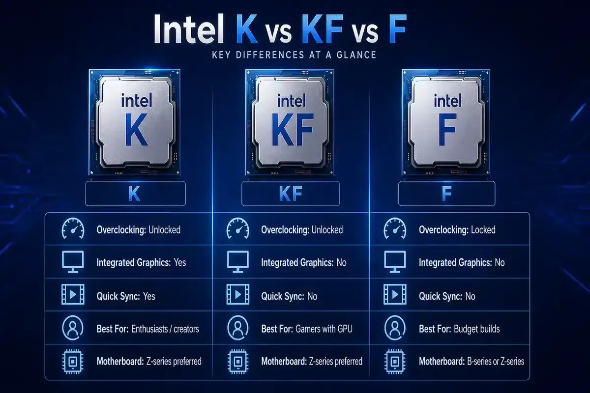 Comparaison des processeurs Intel K, KF et F. Le processeur K offre l'overclocking et les graphiques int&eacute;gr&eacute;s, id&eacute;al pour les cr&eacute;ateurs.