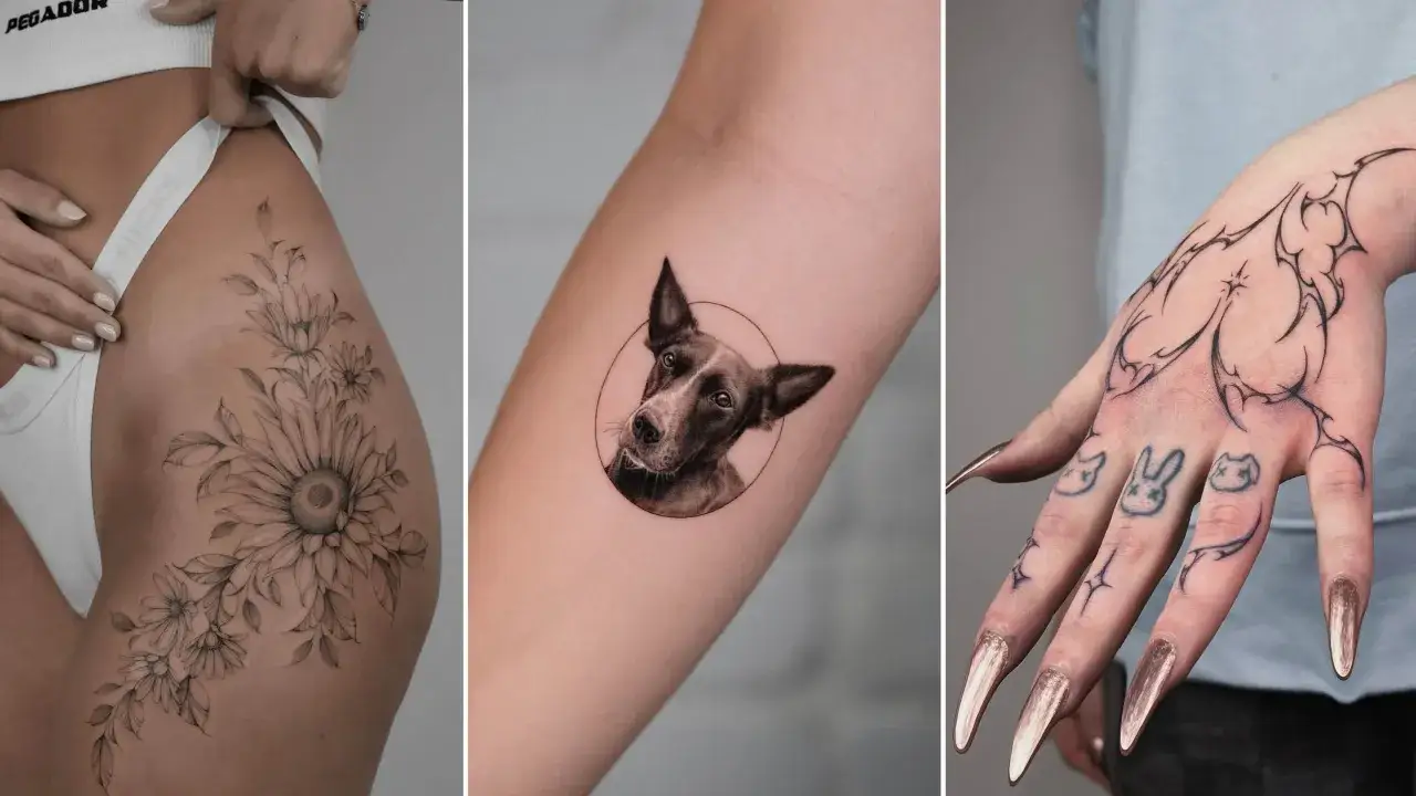 Blumen, Hundegesicht und abstrakte Linien auf Händen – beliebte Tattoos für jeden Stil.