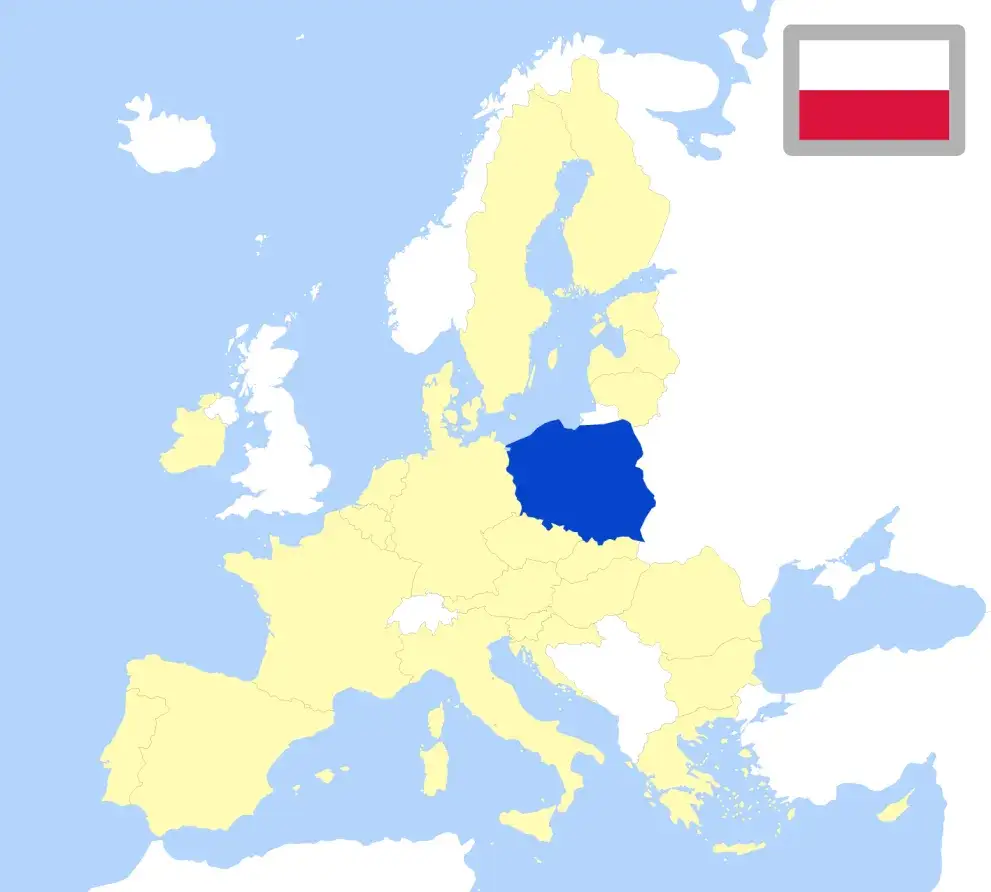 Mapa Polski z zaznaczonymi regionami i symbolami UE