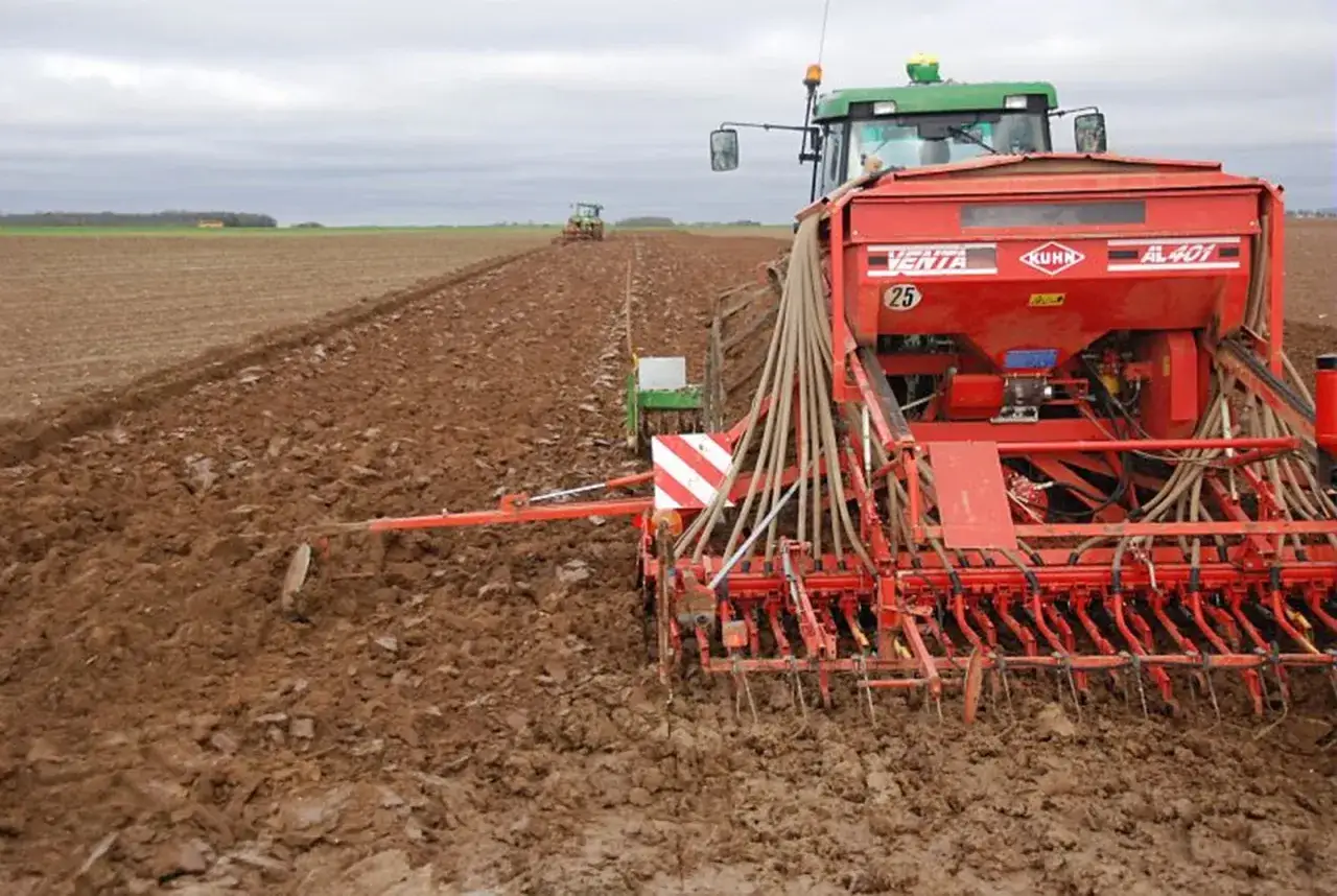 Tracteur semant du blé de printemps dans un champ labouré.
