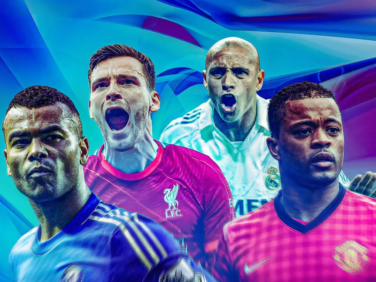 Czterech piłkarzy, w tym Roberto Carlos i Patrice Evra, symbolizujący najlepszych lewych obrońców w historii futbolu.