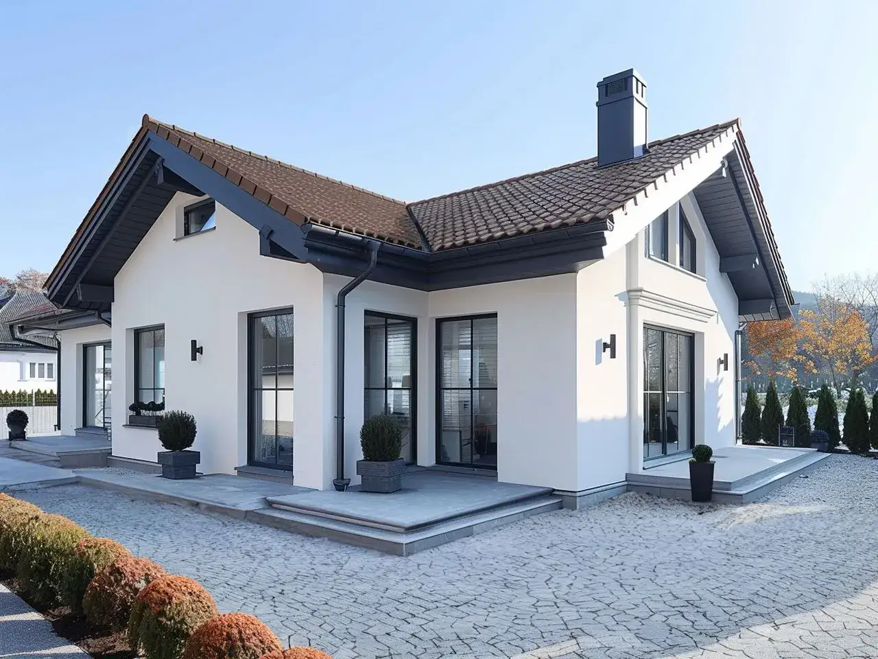 Nowoczesny dom z białym tynkiem i brązowym dachem. Elewacja w jasnym kolorze świetnie komponuje się z brązowym dachem, tworząc elegancką całość.