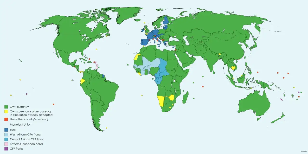 Mapa świata pokazuje, ile jest walut na świecie. Większość krajów ma własną walutę (zielony), ale niektóre używają euro (niebieski) lub innych walut.
