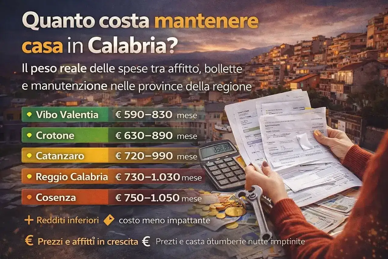 Spese mensili per casa in Calabria: Vibo Valentia &euro;590-830, Crotone &euro;630-890, Catanzaro &euro;720-990, Reggio Calabria &euro;730-1.030, Cosenza &euro;750-1.050. Gli oneri accessori significano costi aggiuntivi.