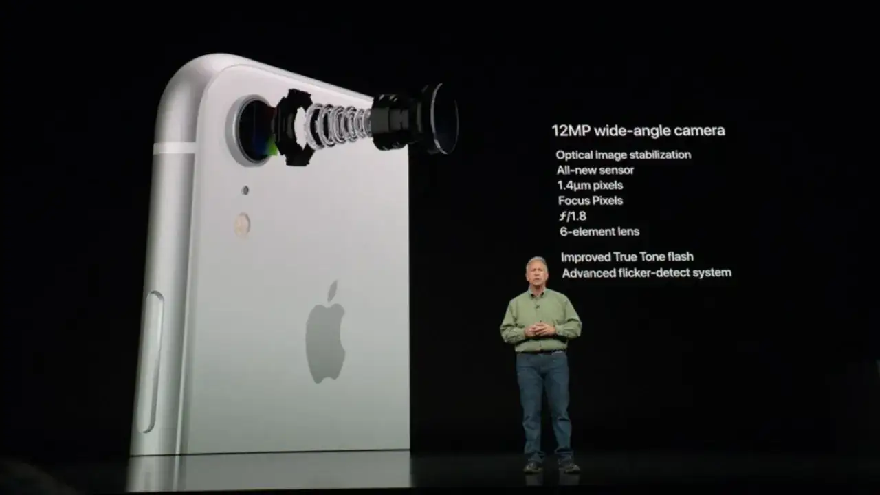 iPhone XR aparat: 12MP szerokokątny, stabilizacja optyczna, nowy sensor, Focus Pixels, f/1.8.