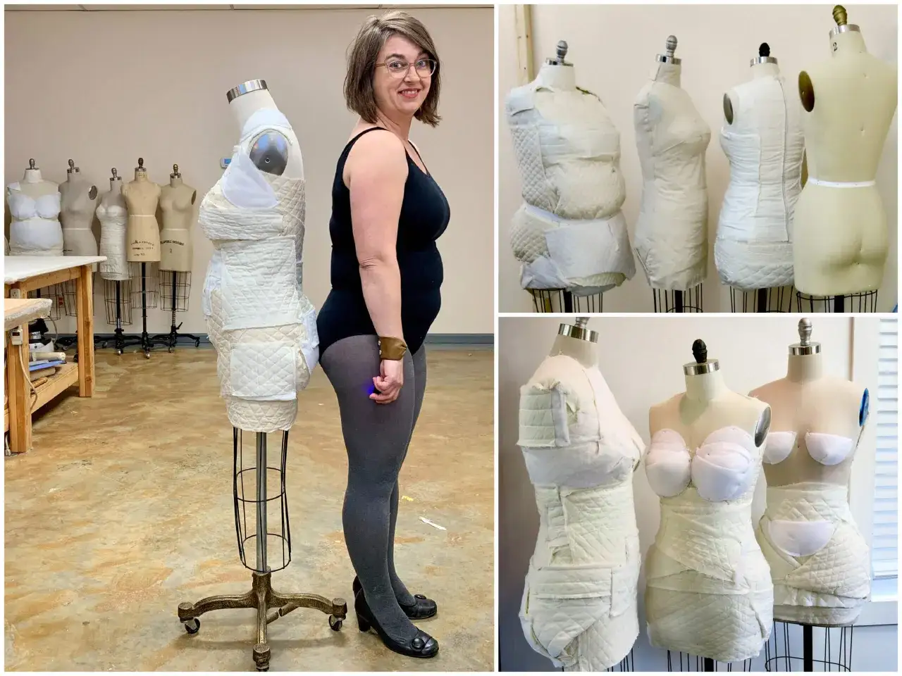 A woman stands next to a dress form covered in quilted fabric, showing the side seams of a garment. Other dress forms with similar padding are visible.