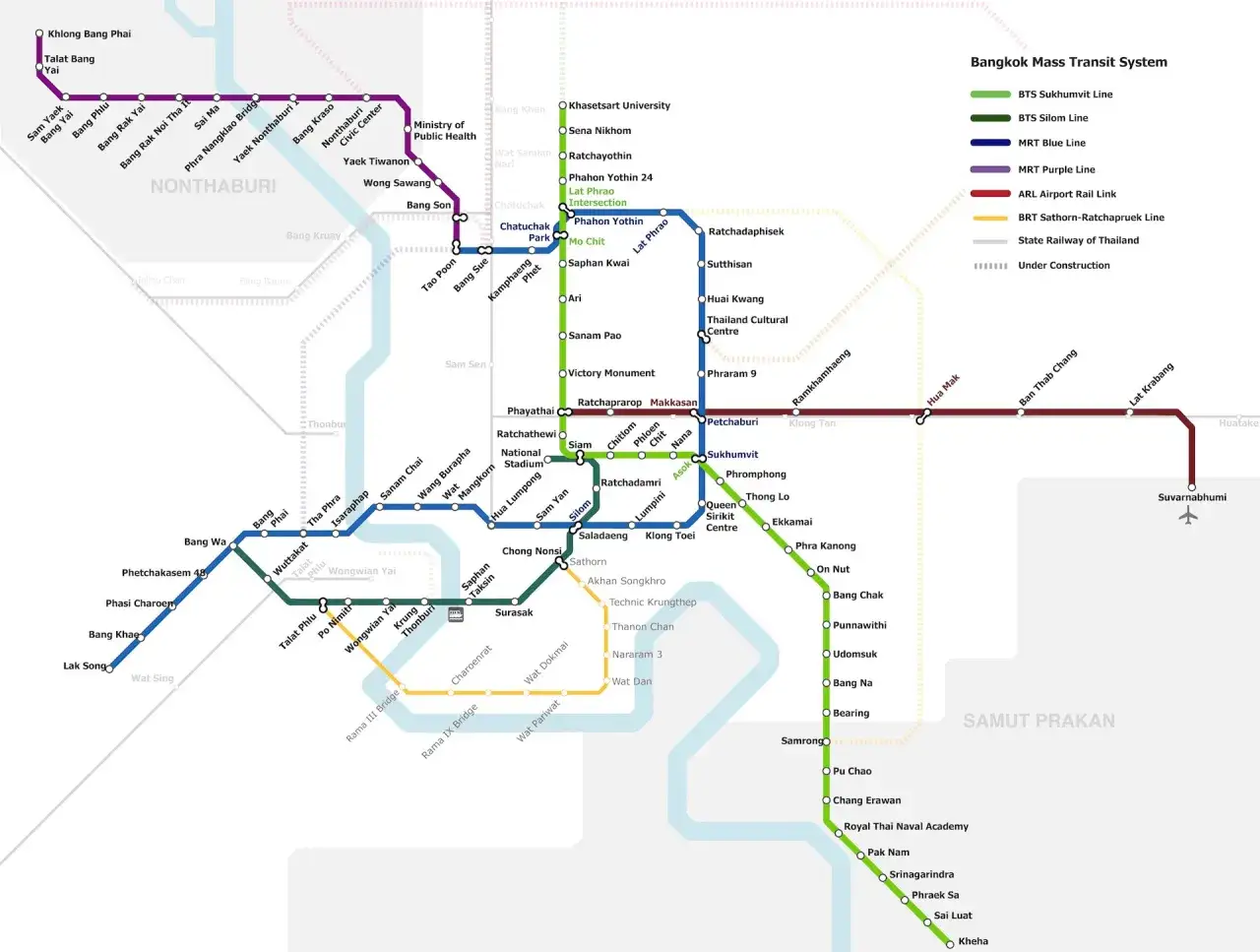 Mapa transportu w Bangkoku: linie BTS, MRT, ARL i BRT. Zobacz stacje i trasy, aby zaplanować podróż.