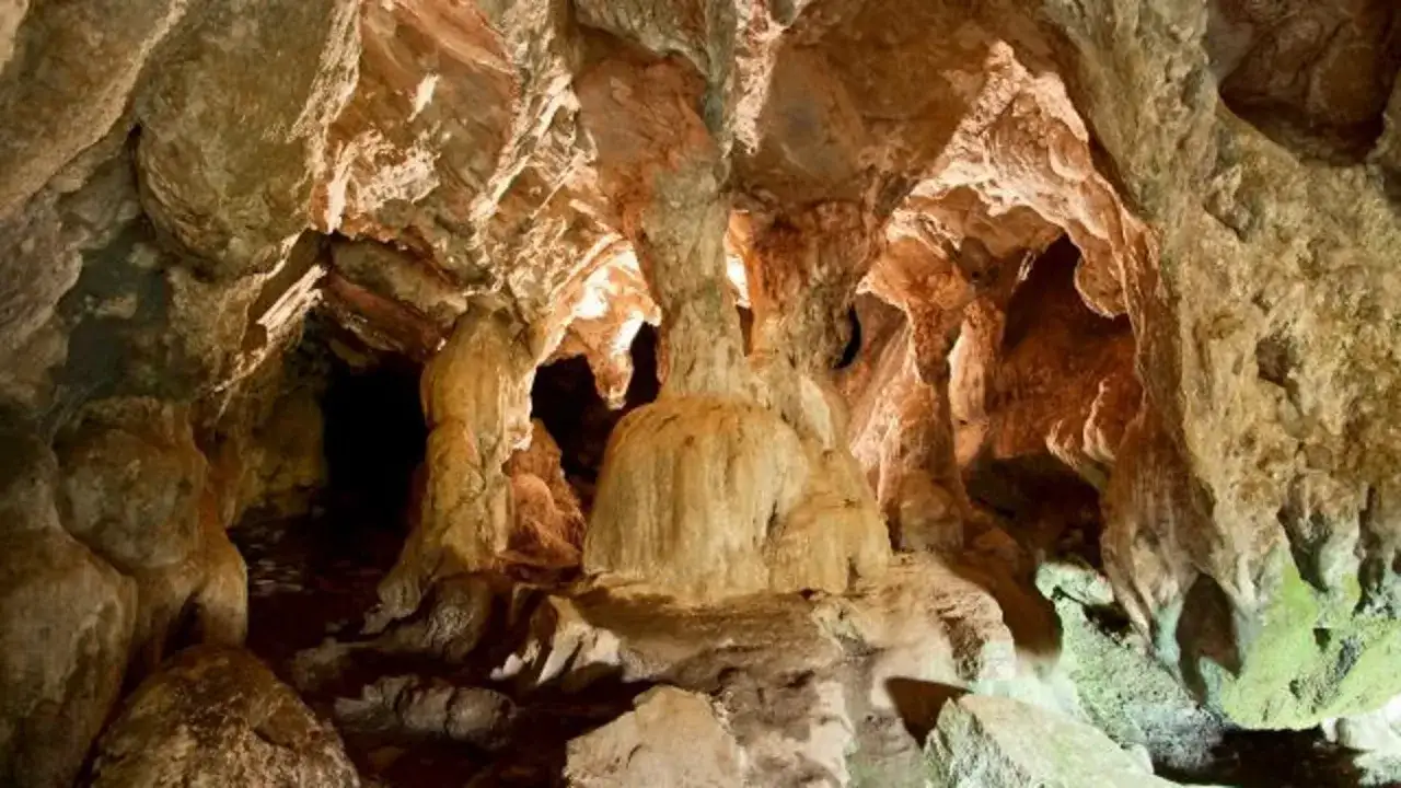 Interior de la Cova do Rei Centolo, con formaciones rocosas y estalactitas iluminadas.