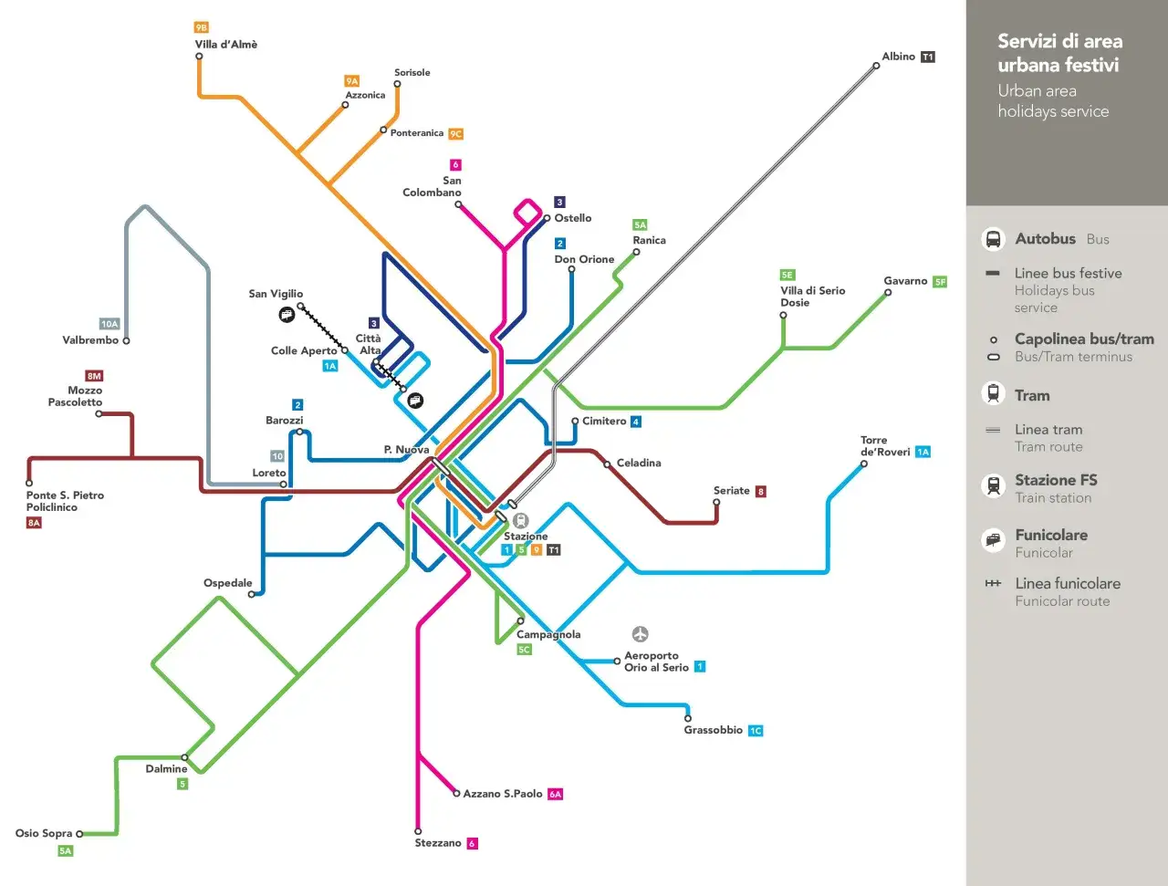 Mapa komunikacji miejskiej w Bergamo, z zaznaczonym lotnisko Mediolan Bergamo. Linie autobusowe, tramwajowe i kolejki.