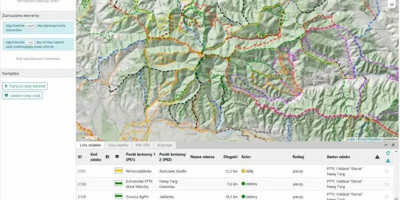 Mapa szlaków górskich PTTK z zaznaczonymi kolorami