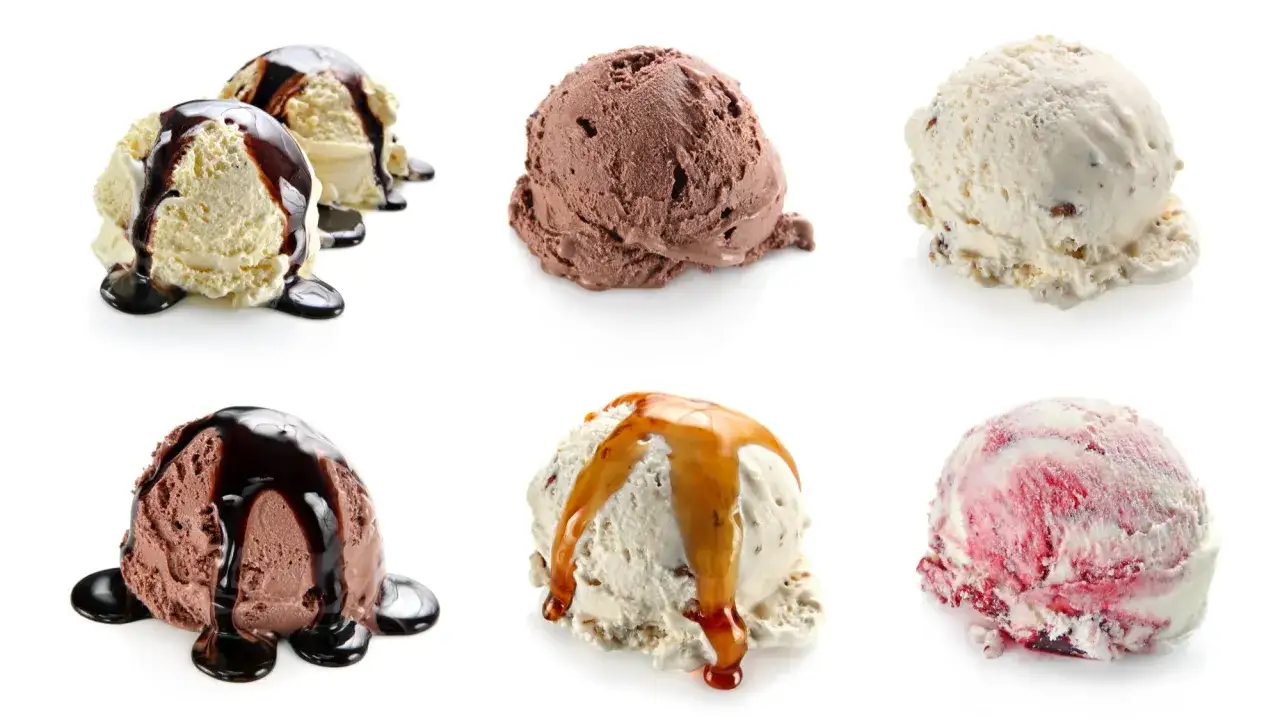 Sechs Eiskugeln: Vanille mit Schokosauce, Schoko, Nuss, Vanille mit Karamell, Schoko mit Sauce, Beeren. Wie viel Kalorien hat eine Kugel Eis?