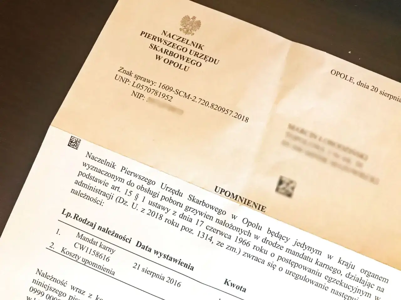 Upomnienie z urzędu skarbowego