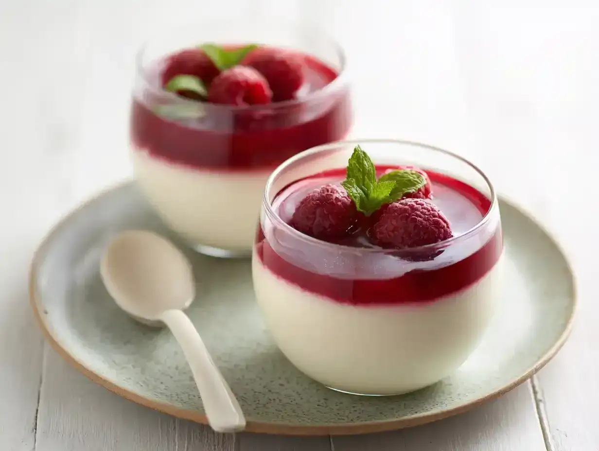 Tv&aring; glas med kr&auml;mig pannacotta med hallonspegel, toppad med f&auml;rska hallon och mynta. En sked ligger bredvid.