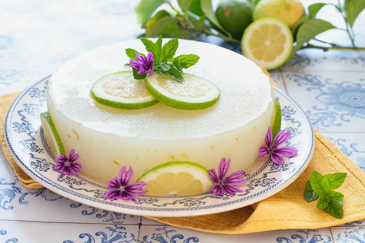 Delizioso gelo di limone decorato con fette di limone, fiori viola e foglie di menta. Fresco e invitante.