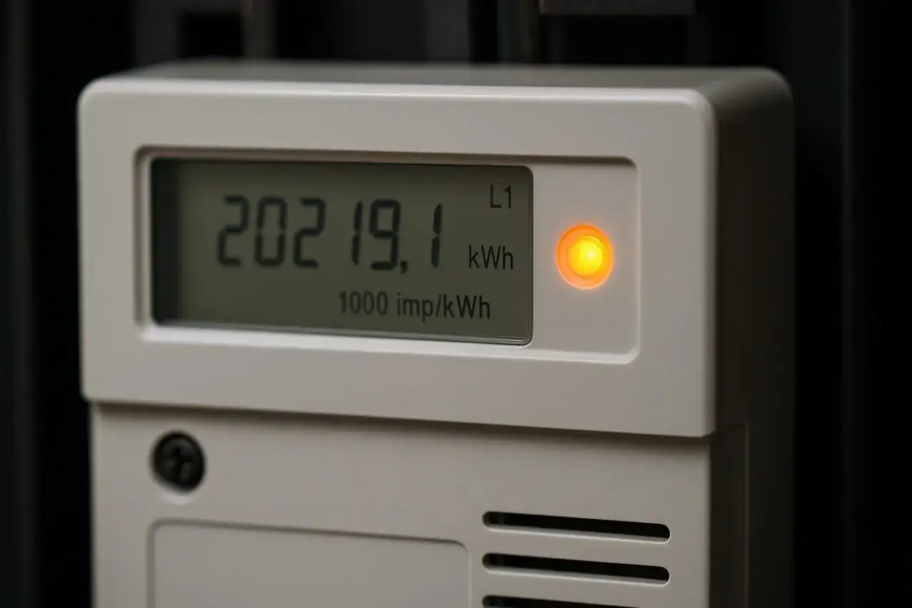 Pomarańczowa lampka na liczniku prądu sygnalizuje pobór energii. Wyświetlacz pokazuje 20219,1 kWh.