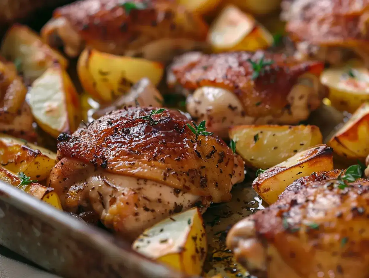 Saftig kycklingfilé med krispiga potatisklyftor, perfekt för att steka kycklingfilé i ugn. Garnerad med färska örter.