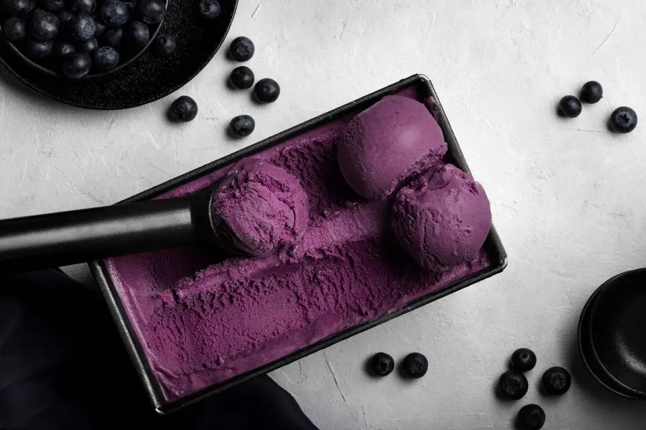 Heidelbeereis in einer Schale, frisch aus der Eismaschine, mit einigen Beeren daneben.