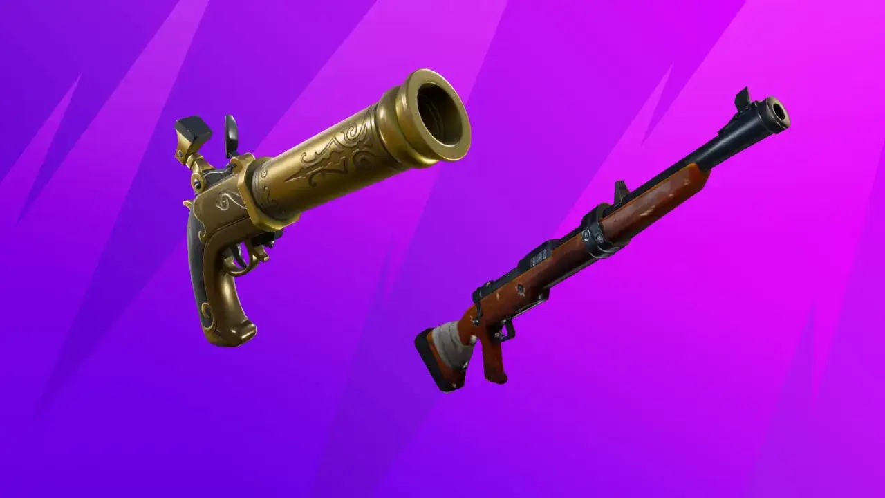 Złoty pistolet i drewniany sztucer z Fortnite, gotowe do akcji.