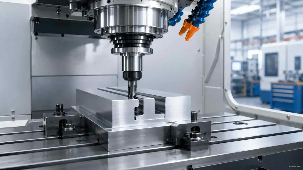 Precyzyjne cięcie metalu przez frez teowy w nowoczesnej maszynie CNC.