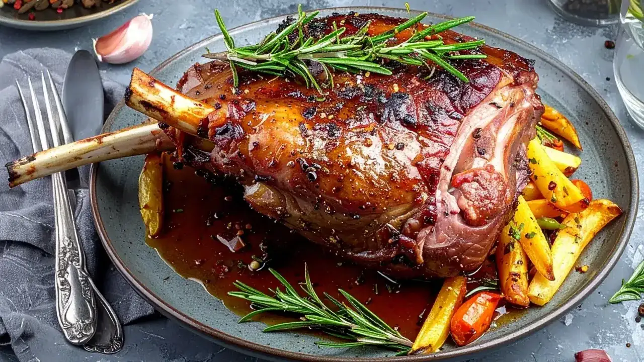 Gigot d'agneau r&ocirc;ti, napp&eacute; d'une sauce savoureuse, servi avec des pommes de terre croustillantes et des herbes fra&icirc;ches. Une recette parfaite pour un repas de f&ecirc;te.