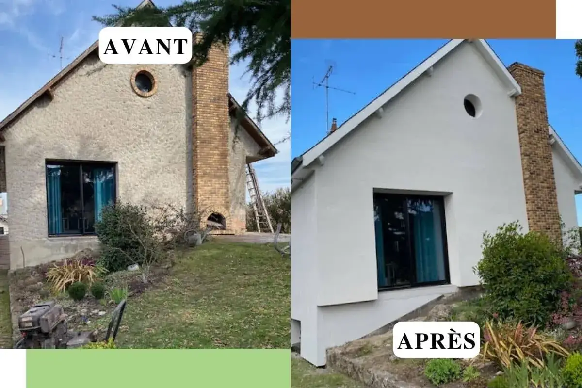 Avant/Après : ravalement de façade d'une maison. Le nouveau crépi blanc apporte une plus-value esthétique et protège le bâti.
