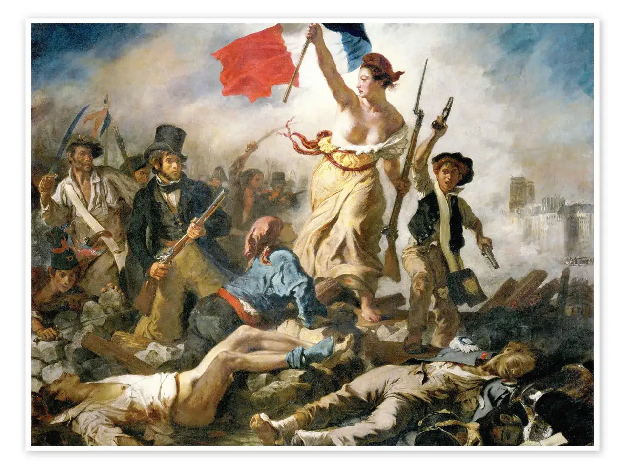 Wolność wiodąca lud na barykady. Kobieta z flagą Francji, symbol wolności, prowadzi powstańców. To właśnie liberte co to znaczy.