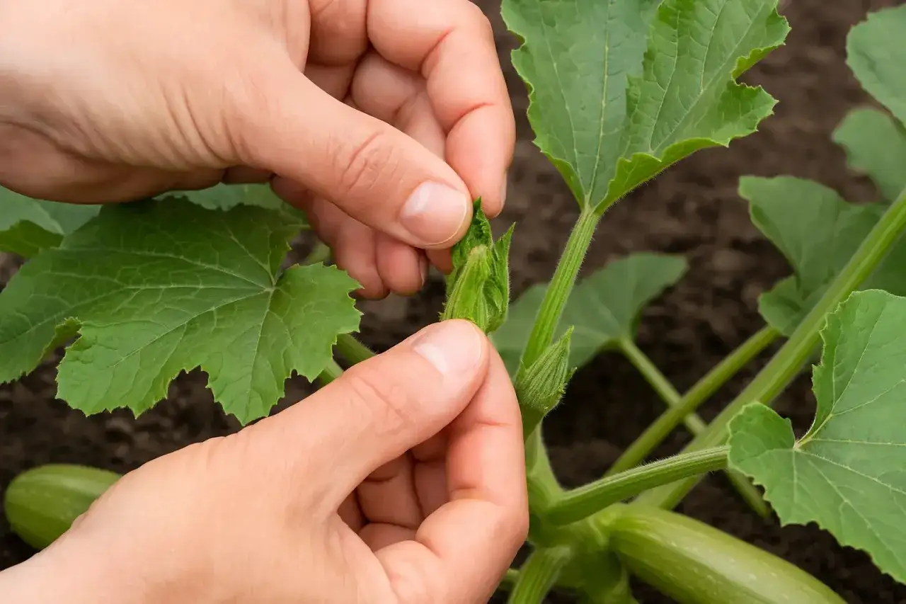 Mains délicates pincent les jeunes pousses d'une courgette, promesse de futurs légumes verts.