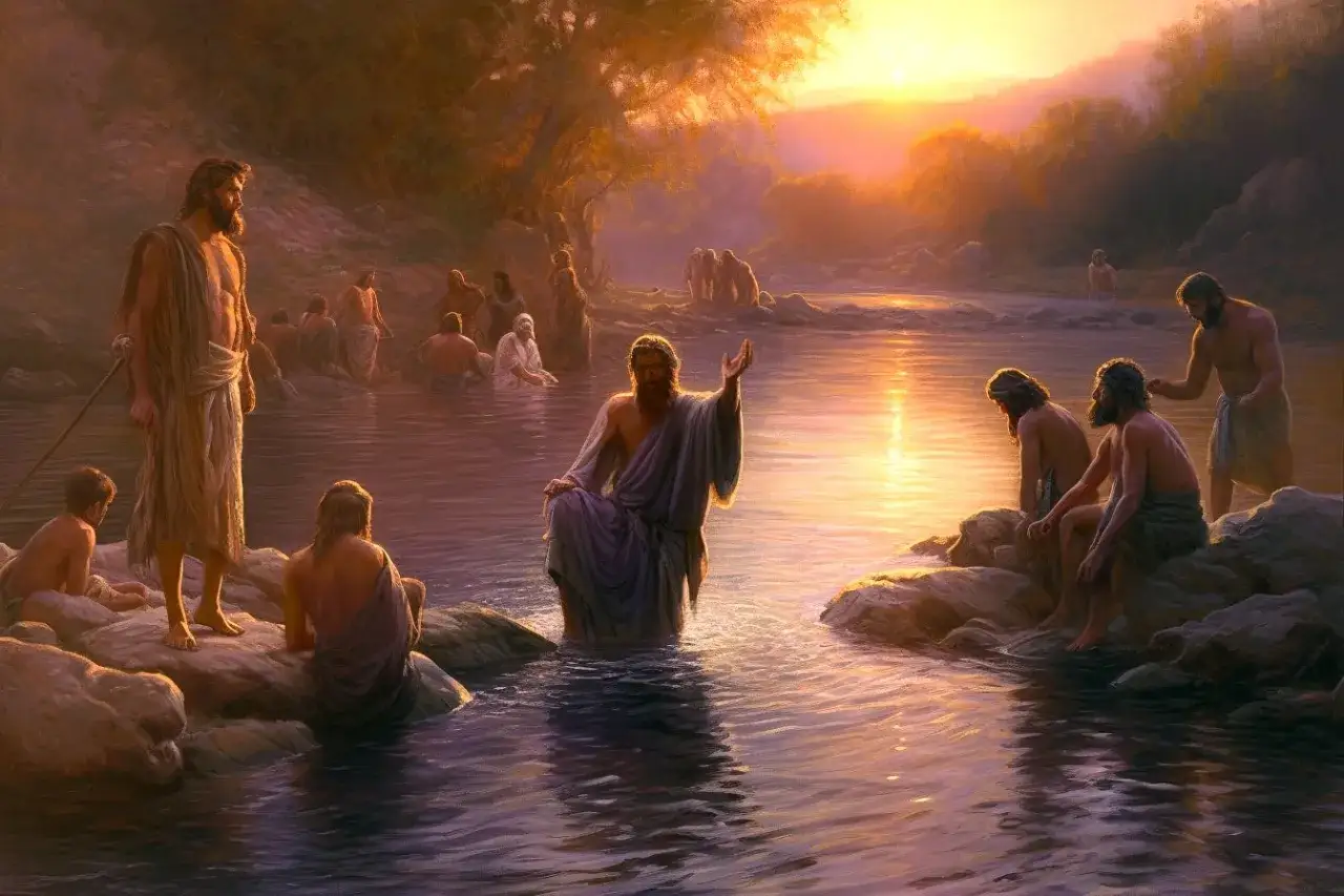 John the Baptist, who baptized Jesus, preaches to followers by the Jordan River at sunset.