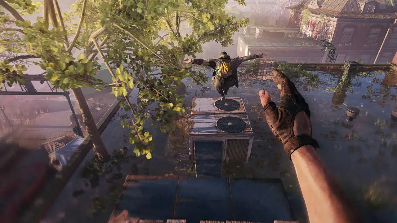 Gracz balansuje na klimatyzatorach, szukając drogi w zalanej metropolii. To może być fragment poradnika Dying Light 2 solucja.