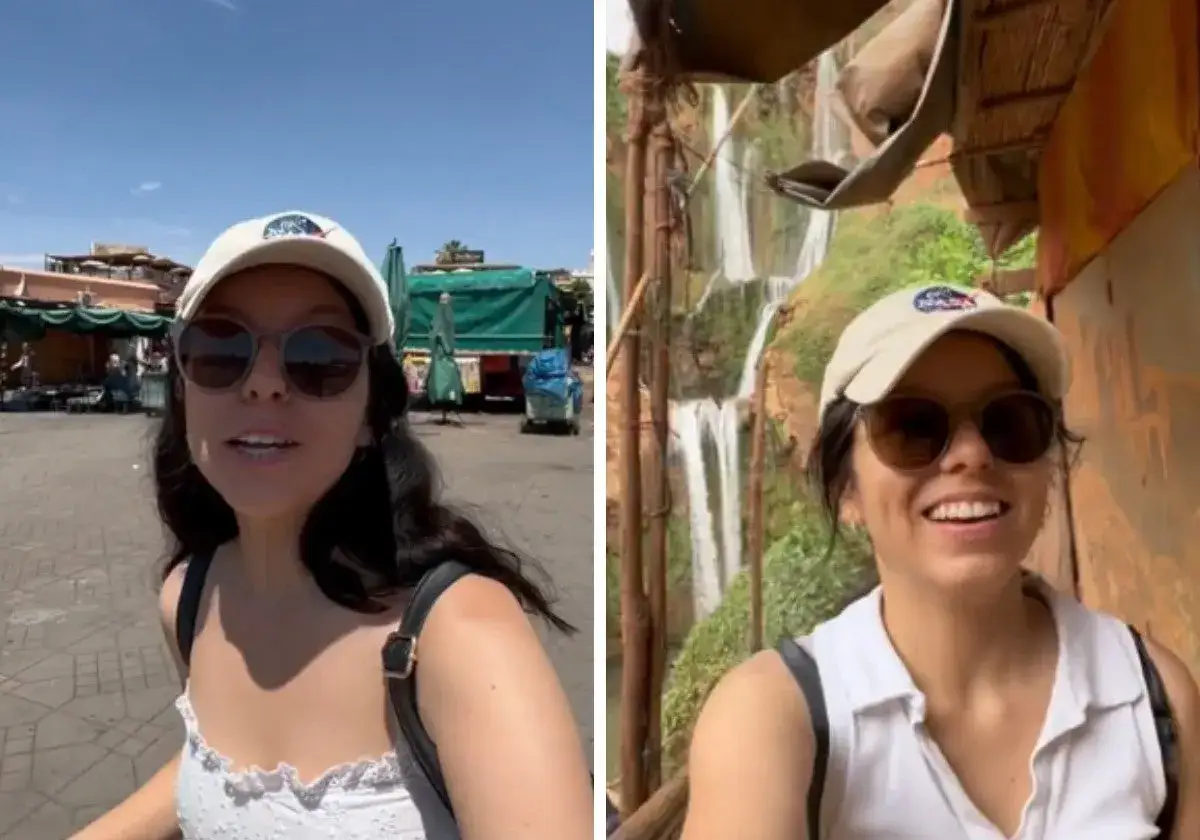 Una mujer sonríe mientras disfruta de su aventura de viajar sola, primero en un mercado al aire libre y luego junto a una cascada exuberante.