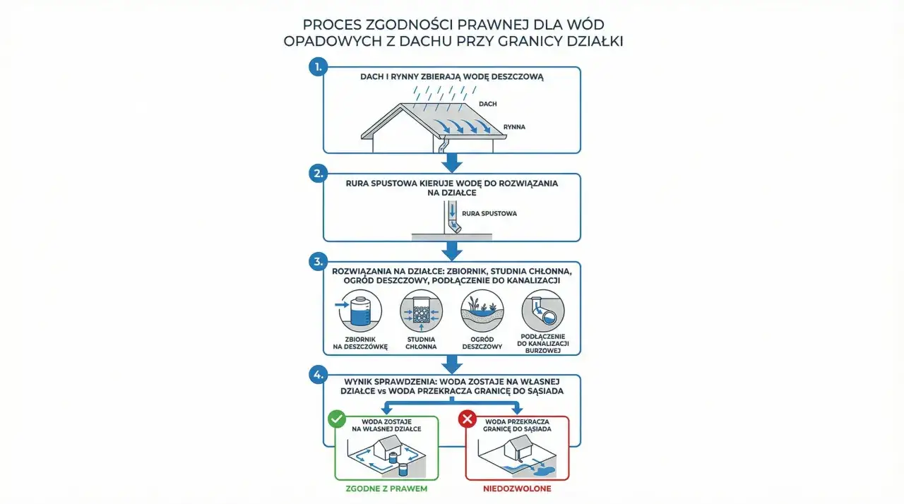 Schemat procesu odprowadzania wody z rynien. Woda z dachu trafia rurą spustową do zbiornika, ogrodu deszczowego lub kanalizacji. Ważne jest tymczasowe odprowadzenie wody z rynien, by nie przekroczyła granicy działki.