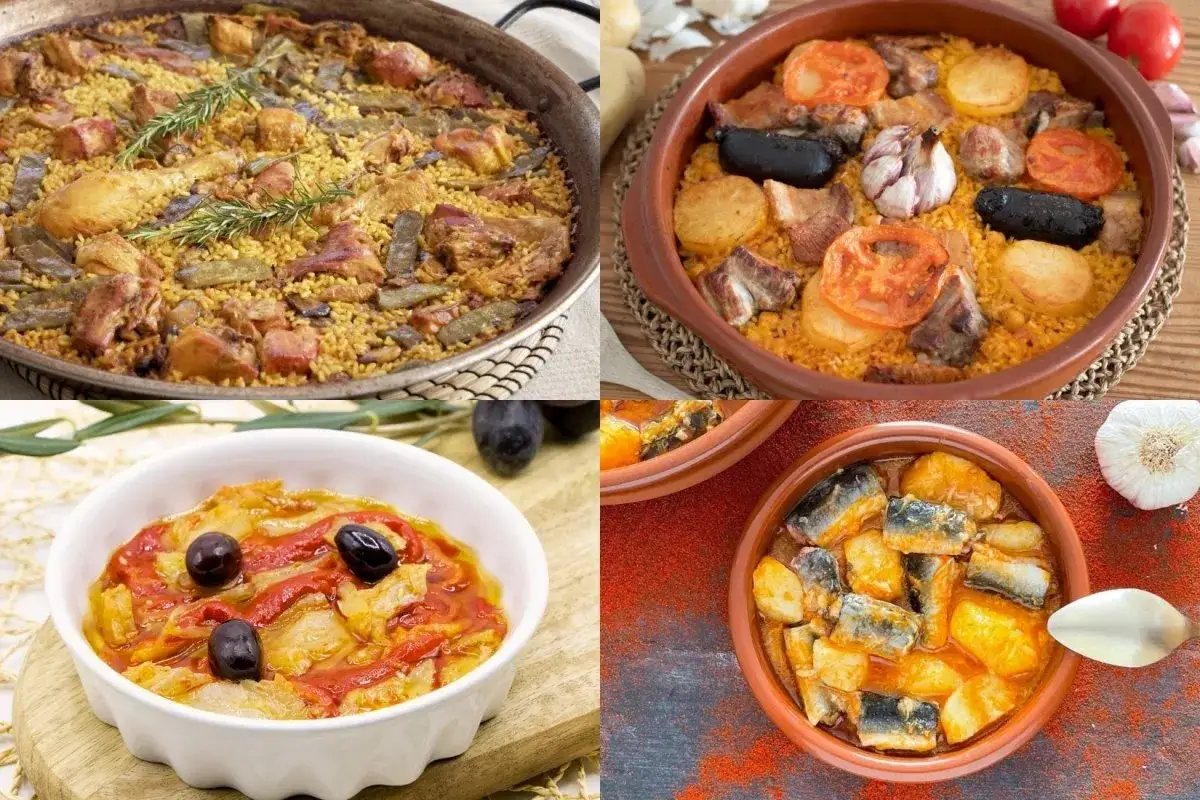 Variedad de comidas típicas de Valencia: paella, arroz al horno, pisto y un guiso de pescado.