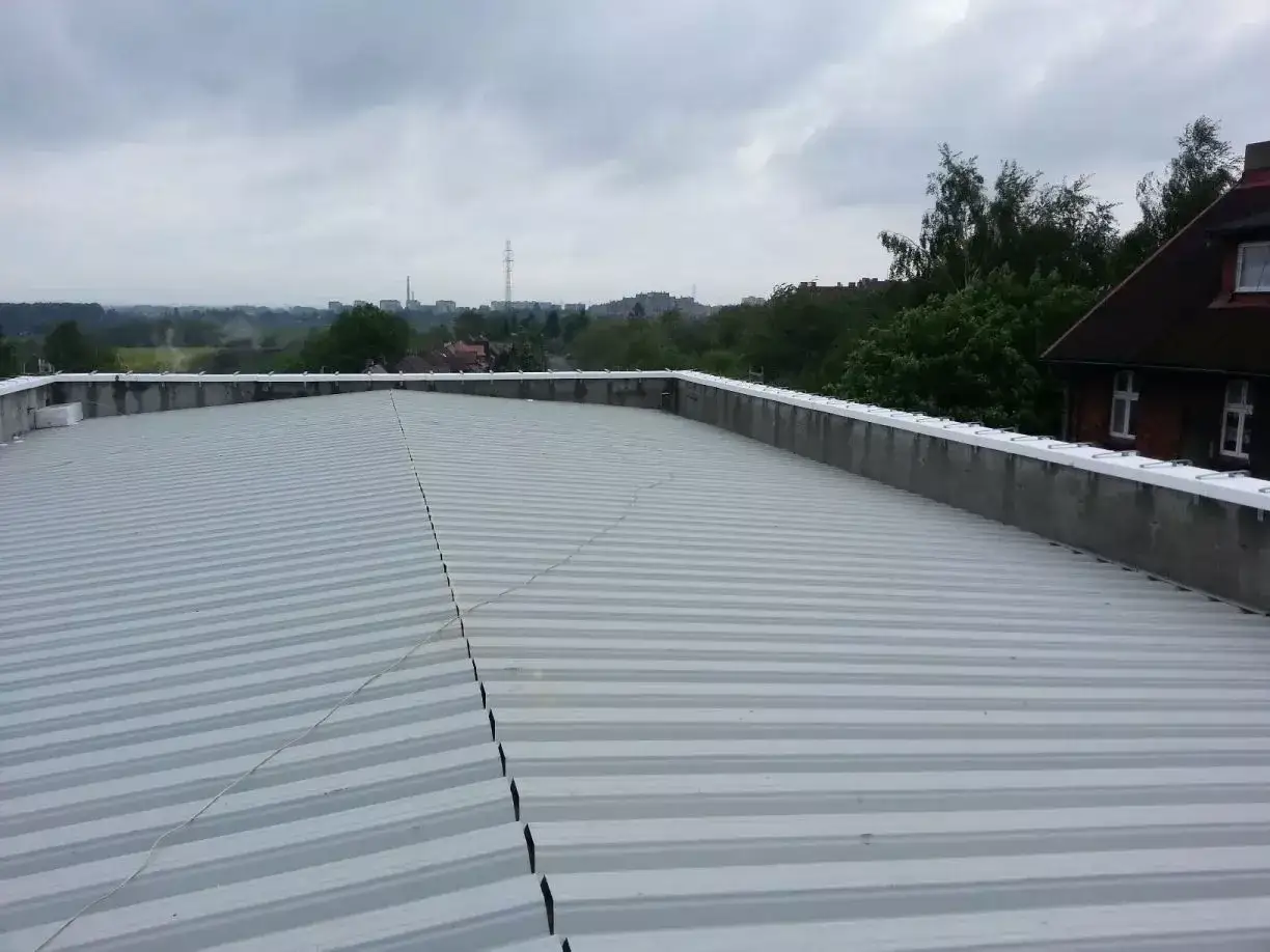 Szeroki, lekki dach płaski z blachy falistej, z widokiem na miasto w tle.
