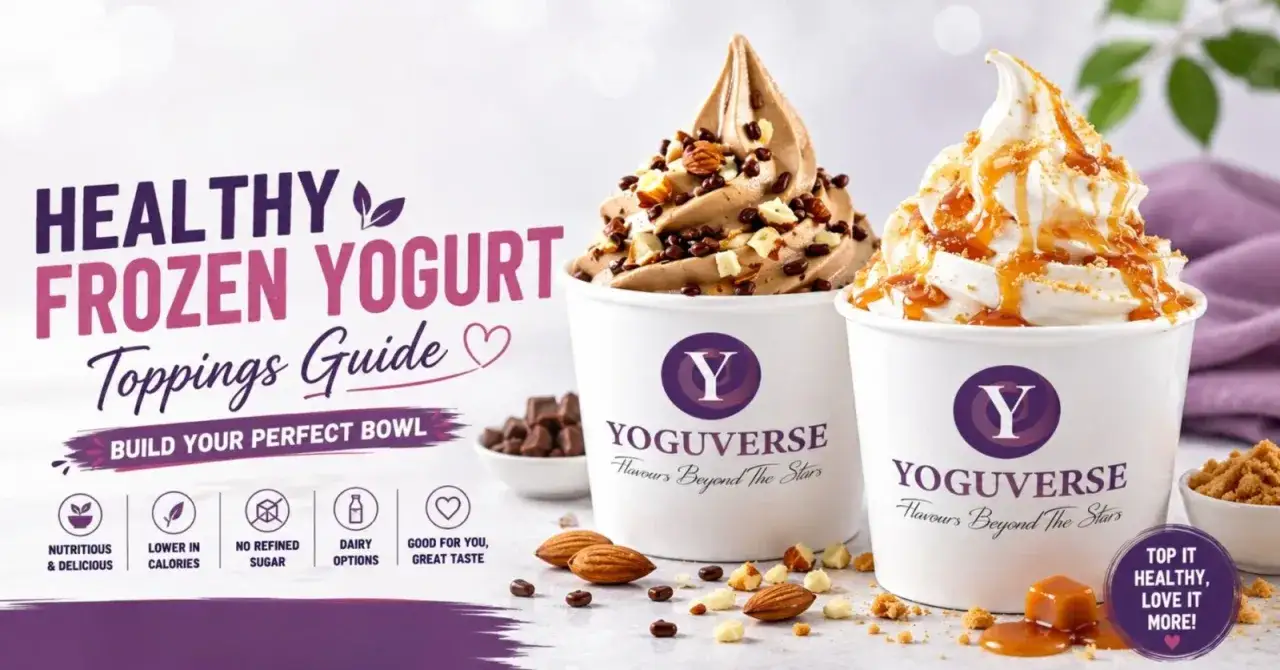Zwei Becher mit köstlichem **frozen joghurt**, einer schokoladig mit Nüssen, der andere mit Karamell. Ein Leitfaden für gesunde Toppings.