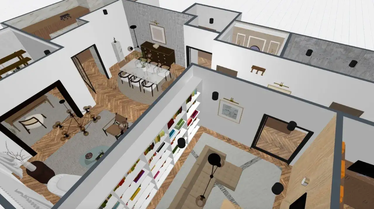 Vue aérienne d'un plan maison étage avec salle à manger, salon et bibliothèque.