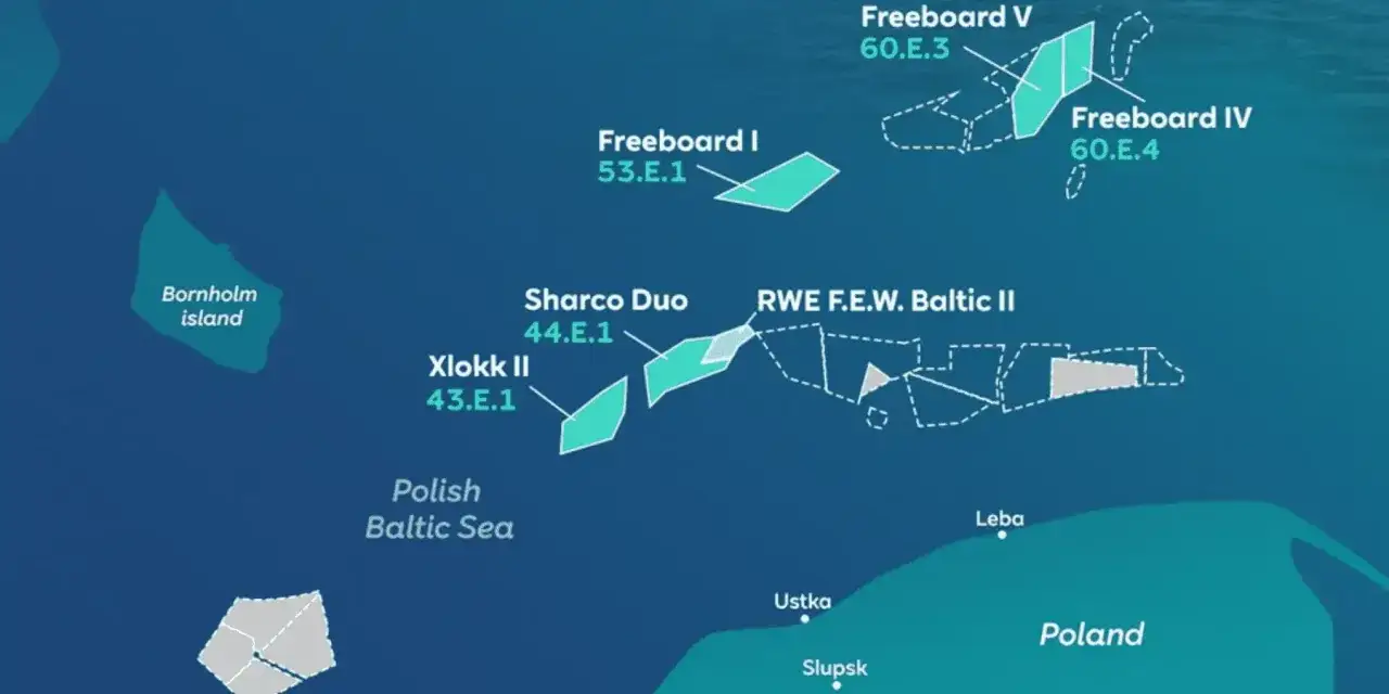 Mapa przedstawia lokalizację farmy wiatrowe na Bałtyku, w tym projekty Xlokk II, Sharco Duo, Freeboard I, IV i V, oraz RWE F.E.W. Baltic II.