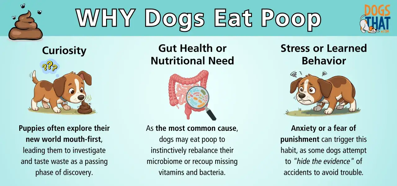 Un cachorro curioso investiga su caca. La imagen explica por qu&eacute; los perros comen heces, incluyendo curiosidad, salud intestinal o necesidad nutricional, y estr&eacute;s.