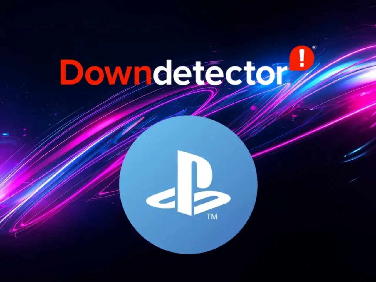 PlayStation awaria. Logo PlayStation na tle neonowych linii i napisu 